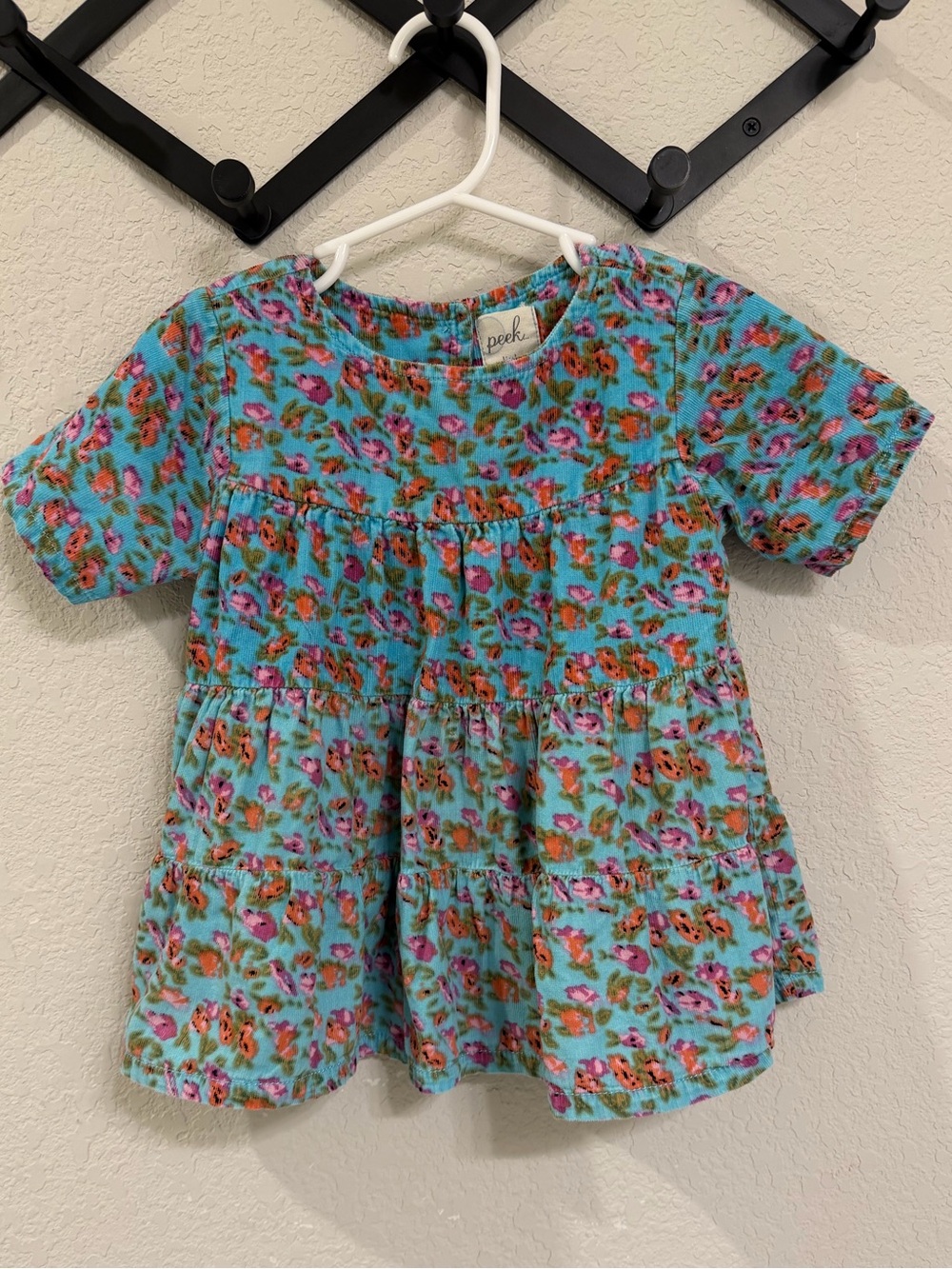 Peek Kids "Little Peanut" Corduroy Tiered Turquoise Floral Dress 12-18 mon.